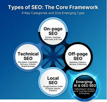 Diagram showing the four core types of SEO, On-page, Off-page, Technical, and Local, plus emerging AI and GEO SEO | Types of SEO Explained: What Matters in Australia 2026