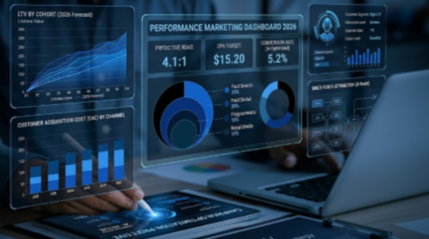 Performance marketing dashboard showing predictive ROAS, CPA targets, conversion rates, and customer acquisition cost by channel | Performance Marketing in 2026: Melbourne Business Guide