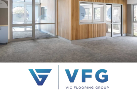 Commercial carpet flooring installation in a modern office foyer, completed by Vic Flooring Group | How Vic Flooring Group Got a 20x Return on Google Ads