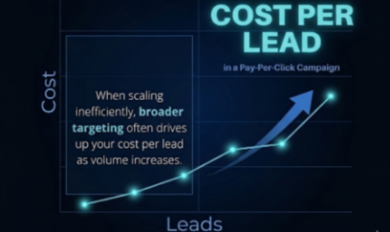 A line graph on a dark background illustrating an upward trend in 'Cost Per Lead in a Pay-Per-Click Campaign.' The vertical axis is labeled 'Cost' and the horizontal axis is 'Leads,' with 'Performance Marketing' written below. A glowing cyan line and a large blue arrow point upwards and to the right, showing that costs are rising as the number of leads increases. A text box on the left reads: 'When scaling inefficiently, broader targeting often drives up your cost per lead as volume increases. | Why Your Google Ads CPL Keeps Climbing (And How to Fix It)