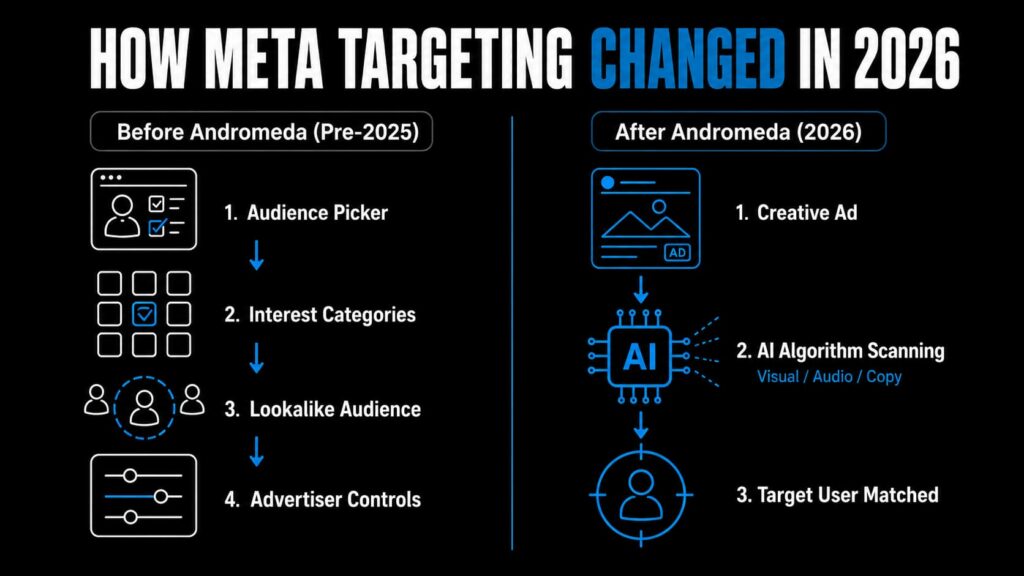 Diagram comparing Meta's pre-2025 audience-based targeting with 2026 Andromeda creative-based targeting