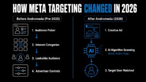 Diagram comparing Meta's pre-2025 audience-based targeting with 2026 Andromeda creative-based targeting