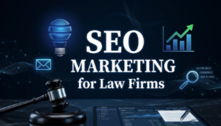A digital marketing graphic with a dark blue and black background featuring the text 'SEO MARKETING for Law Firms' in white. Resting on a dark marble desk in the foreground is a legal gavel alongside a tablet displaying data analytics, a document, and a pen. Floating around the central text are glowing blue neon icons: a lightbulb, an envelope, a bar chart with an upward green arrow, and a magnifying glass next to the words 'KEYWORDS', 'RANKINGS', and 'BACKLINKS'. | SEO for Lawyers Australia: What Works, What Wastes Money