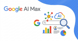 A clean, minimalist marketing graphic set against a white background with a bright blue, wavy abstract border framing the top right corner. Top Left: The text "Google AI Max" is cleanly written, with "Google" displayed in its signature multi-colored font (blue, red, yellow, and green) and "AI Max" in dark gray. Right Side: A collection of flat-design digital marketing icons clustered together, including the iconic multi-colored Google "G" logo, a white search bar being examined by a blue magnifying glass, a multi-colored node network diagram, a blue cloud icon labeled "AI," a bar chart, a pie chart, and a simple user profile icon.