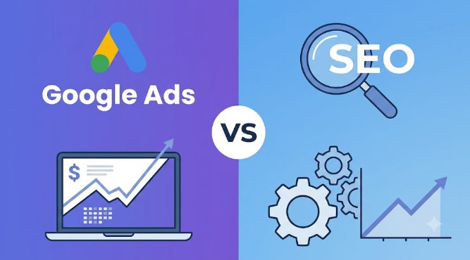 Split graphic comparing Google Ads and SEO for Australian businesses — Google Ads logo and laptop with rising revenue graph on the left, SEO magnifying glass and growth chart with gears on the right | SEO vs Google Ads for Australian Businesses (2026 Guide)