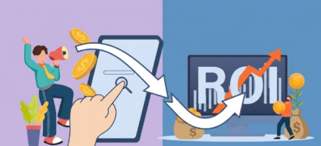 Illustration of SEO investment converting into rising ROI, shown by an upward growth chart and money bags | SEO ROI: How to Calculate It (2026 Formula Guide)